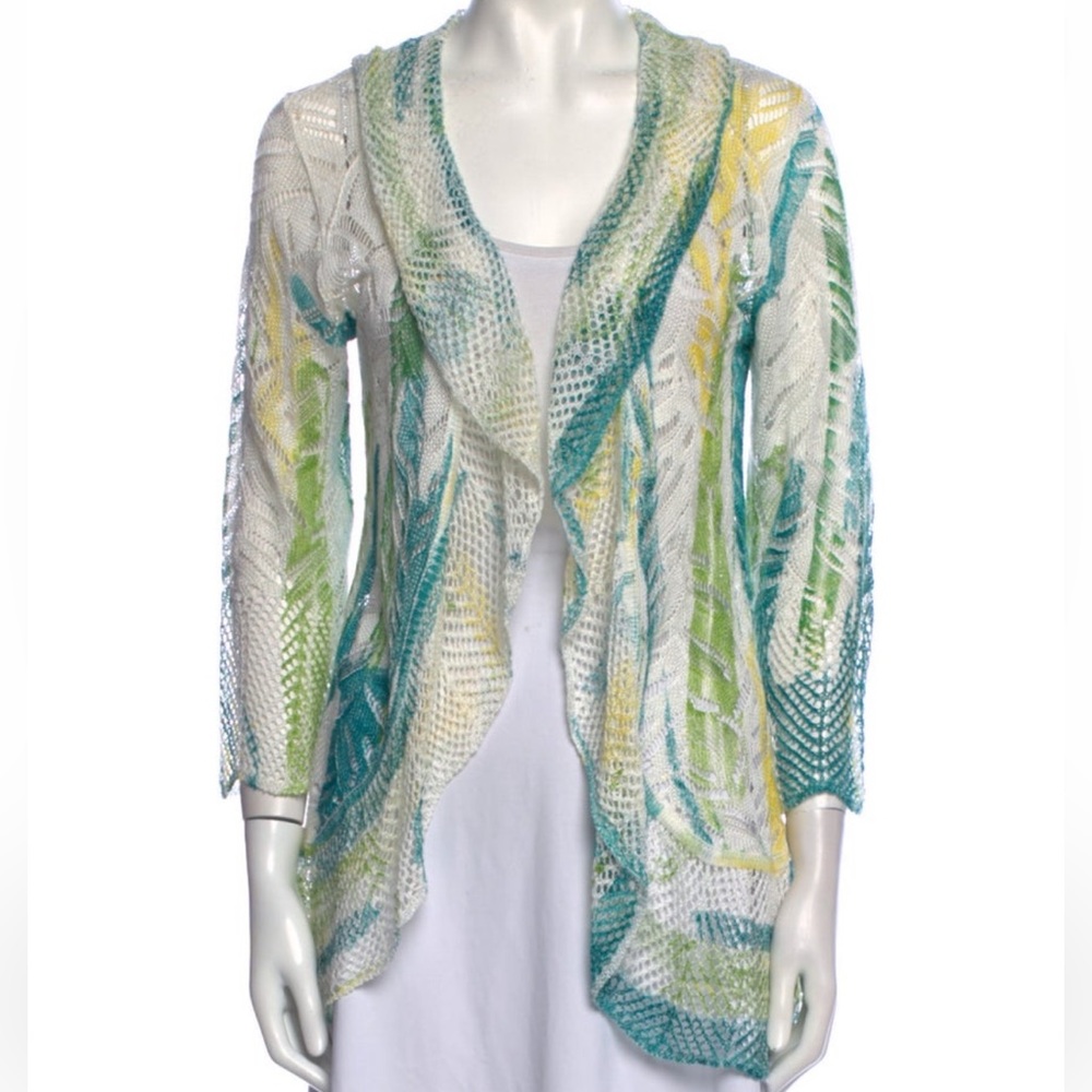 Alberto Makali White Green Yellow Printed Open Front Knitted Sweater Women's S